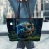 Cute owl cartoon with big blue eyes night scene with moon leather tote bag