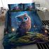 Cute owl cartoon with big blue eyes night scene with moon bedding set