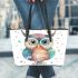 Cute owl clipart pastel watercolor style with glitter leather tote bag