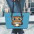 Cute owl holding coffee leather tote bag