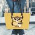 Cute owl holding coffee leather tote bag