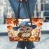 Cute owl in blue hat sitting on the log surrounded leather tote bag