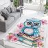 Cute owl sitting on books in pink and blue colors with flowers area rugs carpet