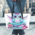 Cute owl sitting on books in pink and blue colors with flowers leather tote bag