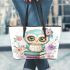 Cute owl sitting on books in the style of pastel colors leather tote bag