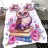 Cute owl sitting on books surrounded by pink roses bedding set