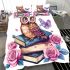 Cute owl sitting on books surrounded by pink roses bedding set