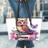 Cute owl sitting on books surrounded by pink roses leather tote bag