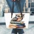 Cute owl sitting on top of books leather tote bag