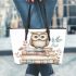 Cute owl sitting on top of books leather tote bag