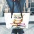 Cute owl sitting on top of books leather tote bag