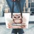 Cute owl sitting on top of books leather tote bag