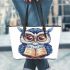 Cute owl teacher with a book and glasses leather tote bag