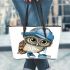 Cute owl wearing a blue cap and shoes leather tote bag