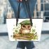 Cute owl wearing a green beret leather tote bag