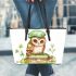 Cute owl wearing a green beret sitting on books leather tote bag