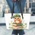 Cute owl wearing a green beret sitting on books leather tote bag