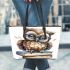 Cute owl wearing blue glasses sitting on books leather tote bag