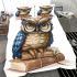 Cute owl wearing blue glasses sitting on books bedding set