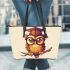 Cute owl wearing glasses leather tote bag