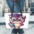 Cute owl wearing glasses and a graduation hat leather tote bag