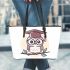 Cute owl wearing glasses and a graduation hat leather tote bag