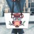 Cute owl wearing glasses and a graduation hat leather tote bag