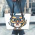 Cute owl wearing glasses and holding an octane pen leather tote bag