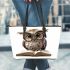 Cute owl wearing glasses reading books leather tote bag