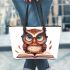 Cute owl wearing glasses reading books leather tote bag