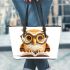Cute owl wearing glasses reading books leather tote bag