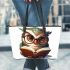 Cute owl wearing glasses reading books leather tote bag