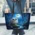Cute owl with big blue eyes leather tote bag