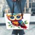 Cute owl with big eyes colorful feathers and beautiful wings perched leather tote bag