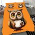 Cute owl with big eyes holding a white coffee cup bedding set