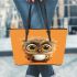 Cute owl with big eyes holding a white coffee cup leather tote bag