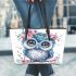 Cute owl with big eyes leather tote bag