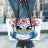 Cute owl with big eyes pink flowers on its head leather tote bag
