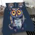 Cute owl with big yellow eyes holding a coffee cup bedding set