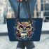 Cute owl with big yellow eyes holding a coffee cup leather tote bag