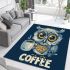 Cute owl with big yellow eyes holding a coffee cup area rugs carpet