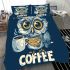 Cute owl with big yellow eyes holding a coffee cup bedding set