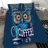 Cute owl with big yellow eyes holding a coffee cup bedding set