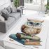 Cute owl with blue glasses sits on top of books area rugs carpet