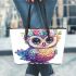 Cute owl with flowers on its head leather tote bag