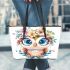 Cute owl with flowers on its head leather tote bag