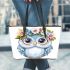 Cute owl with flowers on its head leather tote bag