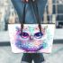 Cute owl with pink and blue colors and flowers around the eyes leather tote bag