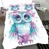 Cute owl with pink and blue colors and flowers around the eyes bedding set