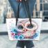 Cute owl with pink and blue flowers leather tote bag